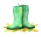 Watercolor image of waterproof rubber boots among colorful fall leaves on white background. Hand drawn autumn