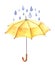 Watercolor image of yellow automatic open umbrella with blue drops of rain above. Hand drawn illustration on white