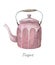 Watercolor images of watercolor porcelain and ceramic teapots of various shapes and colors