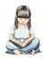 Watercolor imaginary characters cartoon small brunette asian girl in dress sits and reading book