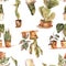 Watercolor indoor plants seamless pattern, urban jungle natural texture