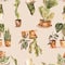 Watercolor indoor plants seamless pattern, urban jungle natural texture