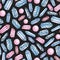 Watercolor and ink hand painted blue and pink gems and crystals seamless pattern on the gray background
