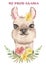 Watercolor invitation poster with cute cartoon llama, possum and flower wreath.