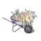 Watercolor iron garden cart with flowers