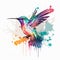 Watercolor isolated birds, colorful tropical Hummingbird in flight with splash and drops