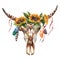 Watercolor isolated bull`s head with flowers and feathers on white background. Boho style. Skull for wrapping, wallpaper