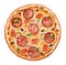 Watercolor Italian pizza. Beef snack with salami, olive,  sausage, cheese, bacon and vegetables. Hand drawn fast food. Design for