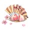 Watercolor japanese desert strawberry daifuku on glass plate and japanese fan with flowers sakura, isolate on white
