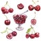 Watercolor jucy cherries with leaves set