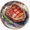 Watercolor juicy thick grilled beef steak with fresh rosemary, summer BBQ top view close up view