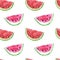 Watercolor Juicy watermelon seamless pattern. Hand painted slice of fresh ripe fruit on white background. Healthy eco food print