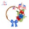 Watercolor July Fourth festive patriotic wreath with USA flags, flowers, star in red, white and blue traditional colors