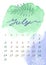 Watercolor July month Calendar template for 2022 year. Week Starts Sunday. Green and violet Splash and leaf