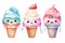 Watercolor kawaii ice cream set cartoon character. Delicious cold creamy ice cream in a waffle cup, watercolor clipart