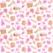 Watercolor kids party seamless pattern. Hand drawn cute pink design with cake wth candles, party hat, candy, gift box