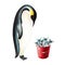 Watercolor king penguin with red bucket full of fish. For designers, decoration, postcards, wrapping paper, scrapbooking