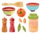 Watercolor kitchen accessories for cooking. Bowl, container, salt, pepper.
