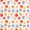 Watercolor kitchen accessories, utensils seamless pattern, background