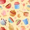 Watercolor kitchen accessories, utensils seamless pattern, background