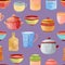 Watercolor kitchen accessories, utensils seamless pattern, background
