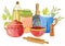 Watercolor kitchen utensils composition with pot, bowl