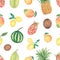 Watercolor Kiwi, lemon pineapple, mango, orange pattern, Hand drawn Tropical Fruit and leaves Paper, Exotic Food, florals print,