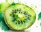 Watercolor kiwi slice with vivid green hues and dynamic splashes, embodying freshness and creativity
