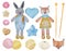 Watercolor Knitted Fox and rabbit, Wool Yarn Cute Clipart Set. Collection of hand drawn knitted Toys, balls of yarn