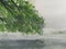 Watercolor lake landscape tree mountains fog. Traditional oriental.