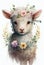 Watercolor lamb baby portrait in vintage style with flowers crown. Cute character farm sheep animal. Beautiful Floral