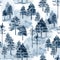 Watercolor landcape seamless pattern with snow and frozen forest tree. Fir Tree deep blue color for textile fabric