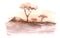 Watercolor landscape: african desert sunrise. Hand painted nature view with Acacia trees. Beautiful safari scene for