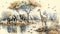 Watercolor landscape on an African tropical jungle with trees a river with giraffes, elephants and birds