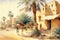 Watercolor landscape of the Arabian Peninsula in the past, for houses, palm trees and camels
