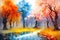 Watercolor landscape art with multicolored forest, surreal trees with colorful leaves, artistic vision of autumn