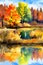 Watercolor landscape. Autumn forest on the lake shore vector illustration autumnal trees on the shore of calm forest