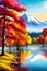 Watercolor landscape. Autumn forest on the lake shore vector illustration autumnal trees on the shore of calm forest