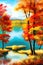 Watercolor landscape. Autumn forest on the lake shore vector illustration autumnal trees on the shore of calm forest