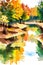 Watercolor landscape. Autumn forest on the lake shore vector illustration autumnal trees on the shore of calm forest