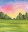 Watercolor landscape background with sunrise colors, trees, green grass field. Handmade illustration