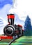 Watercolor landscape with black and red cartoon locomotive emitting clouds of white vapor against background of green
