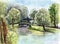 Watercolor landscape of bridge park background. Illustration for decor.