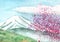 Watercolor landscape cherry blossom