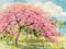 Watercolor landscape of cherry blossom and meadow