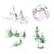 Watercolor landscape clipart collection. Misty forest, pine tree, mountains and full moon.