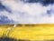 Watercolor landscape countryside yellow field in the storm.