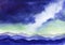 Watercolor landscape of dark beautiful cloudscape above blurred silhouettes of gradient layered mountains. Picturesque view of