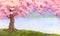 Watercolor landscape. Flowering pink tree