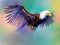 Watercolor landscape of a flying white-headed eagle. Generative AI